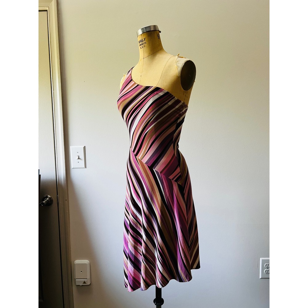 BCBG Max Azria Y2K One Shoulder Asymmetrical Striped Barbiecore Dress Pink 6 - Picture 2 of 6